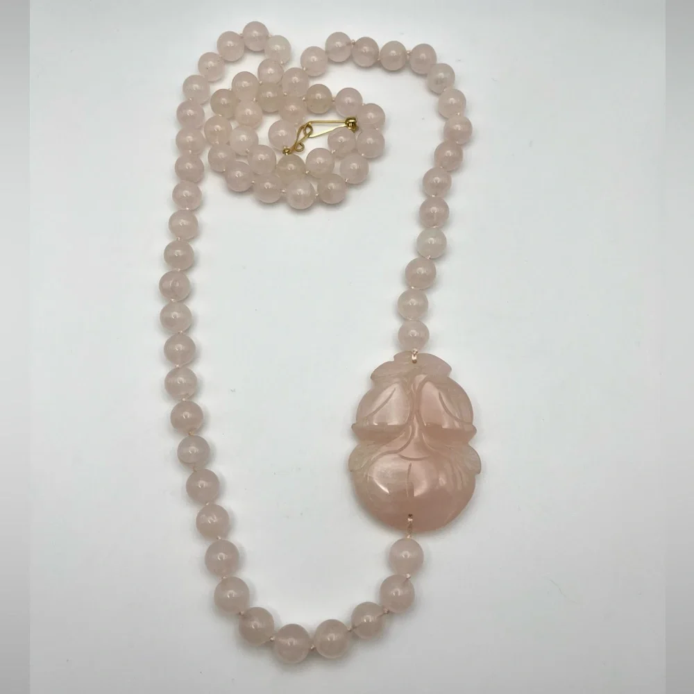 Vintage Chinese Rose Quartz Hand Knotted Mala Lotus Necklace - Picture 8 of 8